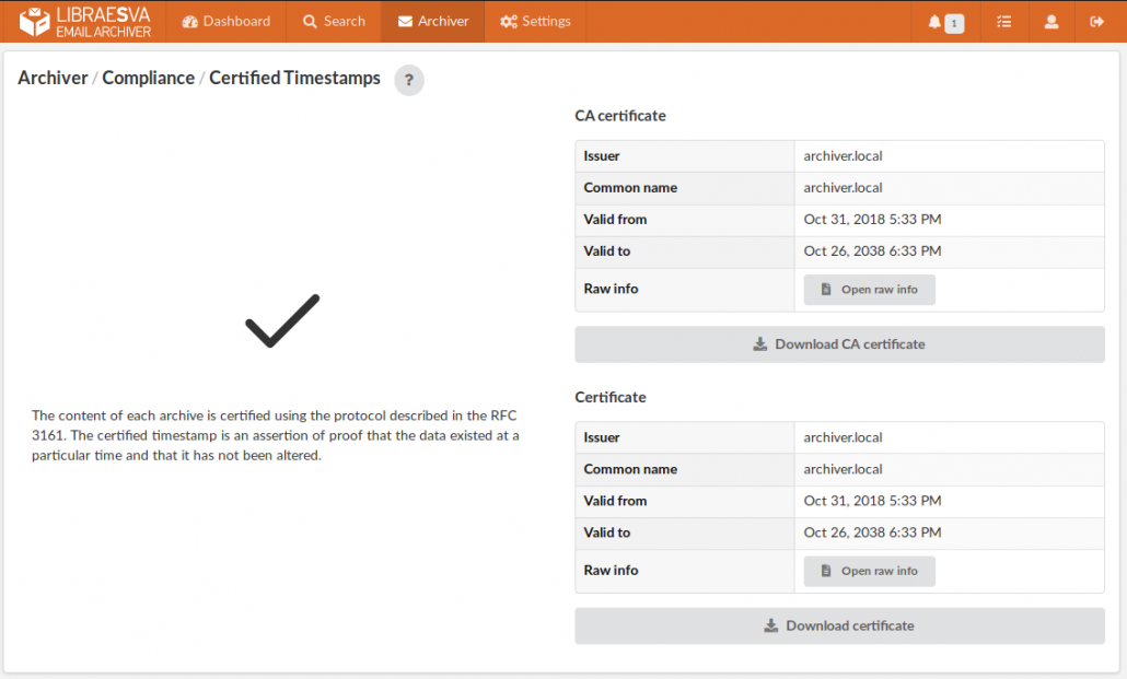 RFC3161 certified timestamps